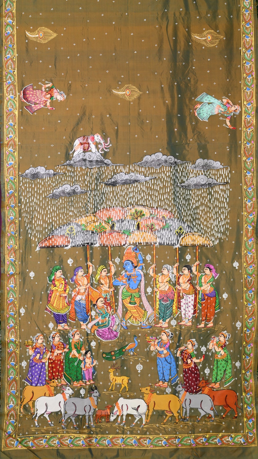 Mehendi Green Dual Tone Giri Govardhan Hand-Painted Pattachitra Saree