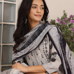 Grey Printed Silk Blend Straight Suit With Dupatta