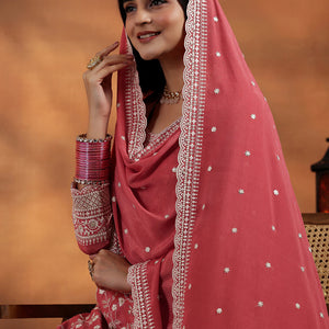 Coral Embroidered Silk Blend Straight Suit With Dupatta