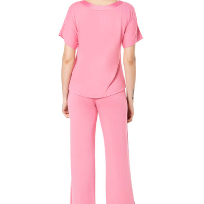 Satin Edge Half Sleeve Round Neck Sleep Top - Cashmere Rose