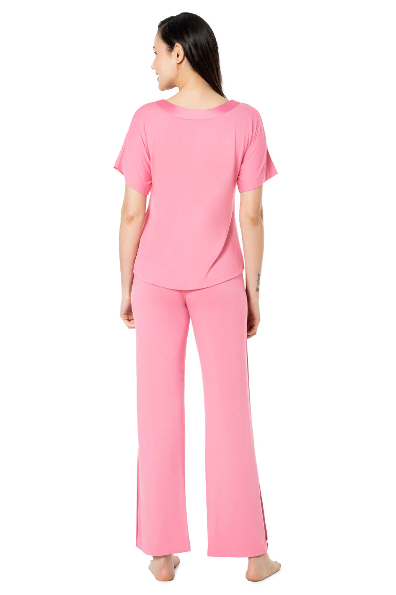 Satin Edge Half Sleeve Round Neck Sleep Top - Cashmere Rose