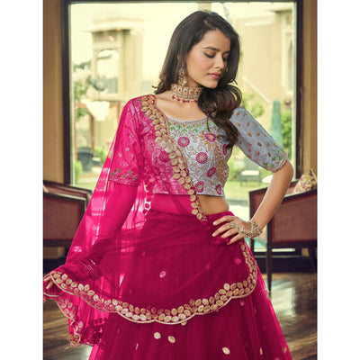 Dark Pink Sequins Embroidered Netted Lehenga Choli