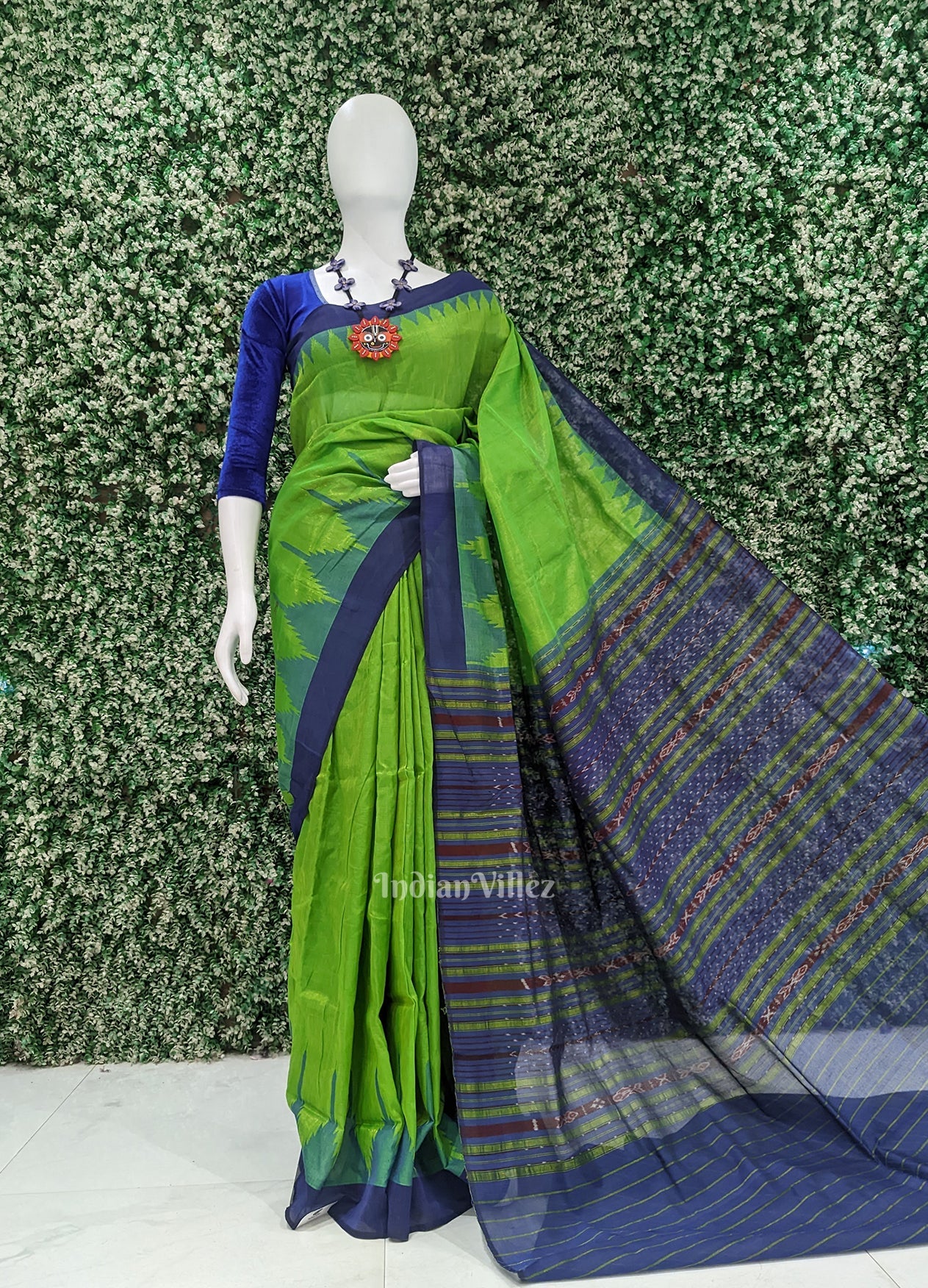 Parrot Green Blue Phoda Kumbha Sambalpuri Cotton Tissue Saree