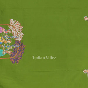 Parrot Green With Violet Raja Theme Hand-Painted Pattachitra Saree