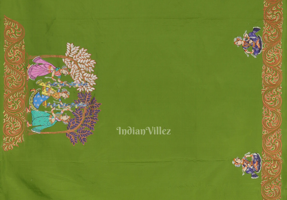 Parrot Green With Violet Raja Theme Hand-Painted Pattachitra Saree
