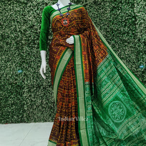 Golden Maroon With Wild Animals Pure Sambalpuri Silk Saree