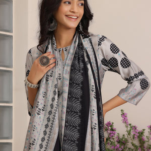 Grey Printed Silk Blend Straight Suit With Dupatta