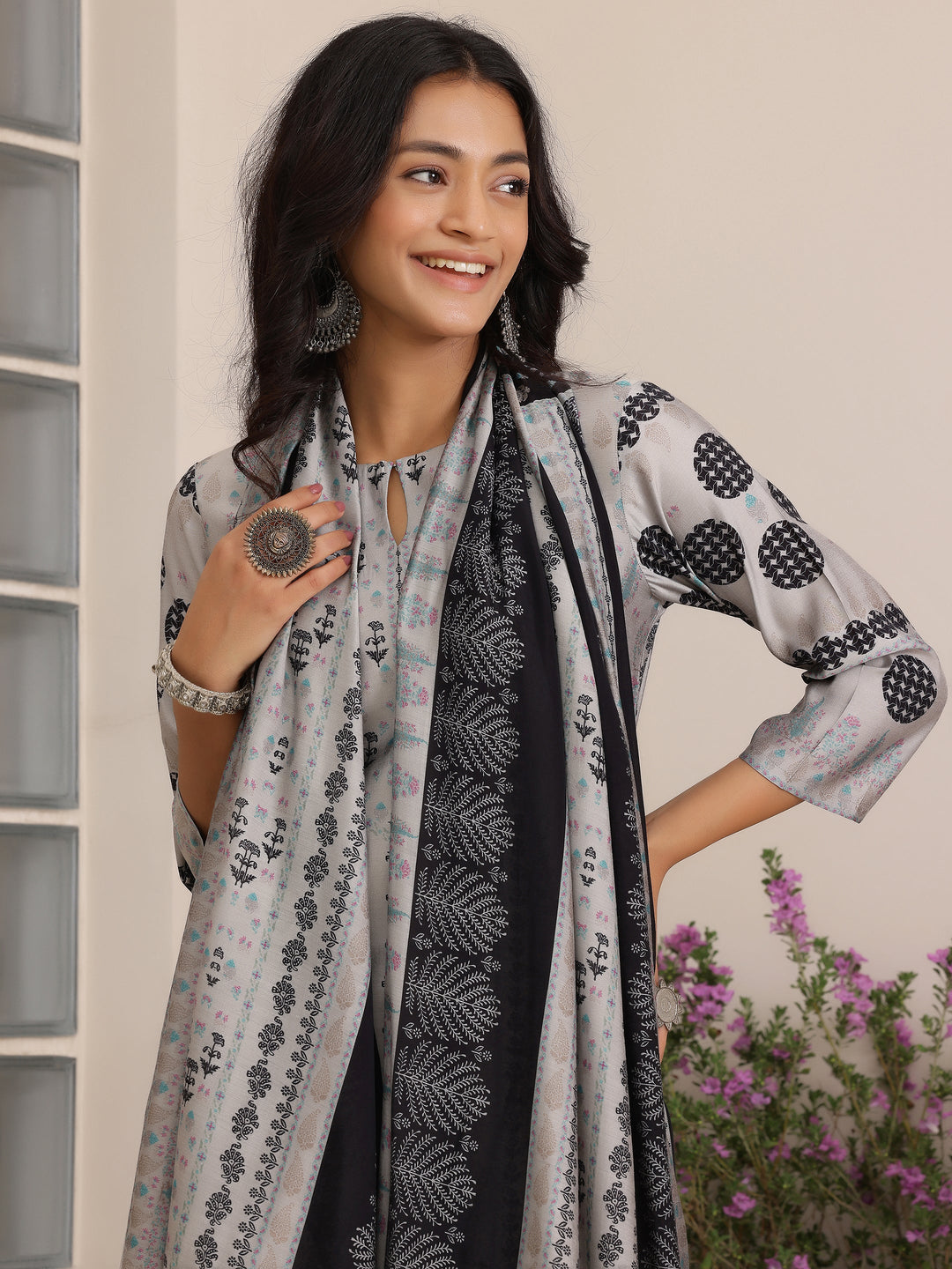 Grey Printed Silk Blend Straight Suit With Dupatta