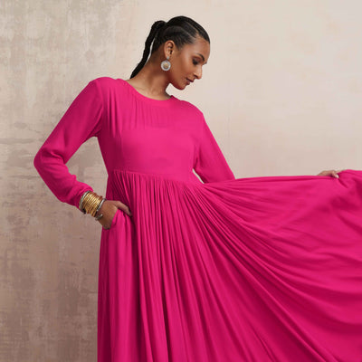 trueBrowns Pink Crinkle Anarkali Kurta Pant Dupatta Set