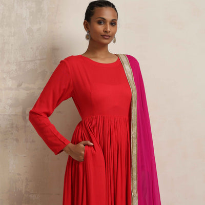 trueBrowns Red Crinkle Anarkali Kurta Pant Dupatta Set