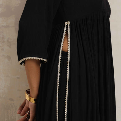 trueBrowns Black Crinkle Anarkali Flared Kurta Set