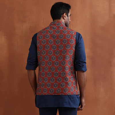 trueBrowns Men's Rust Printed Reversible Nehru Jacket