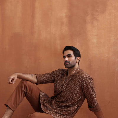 trueBrowns Men's Brown Cotton Dobby Short Kurta
