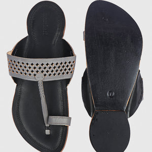 Black & Grey Handstitched Leather Kolhapuri Men Slipper