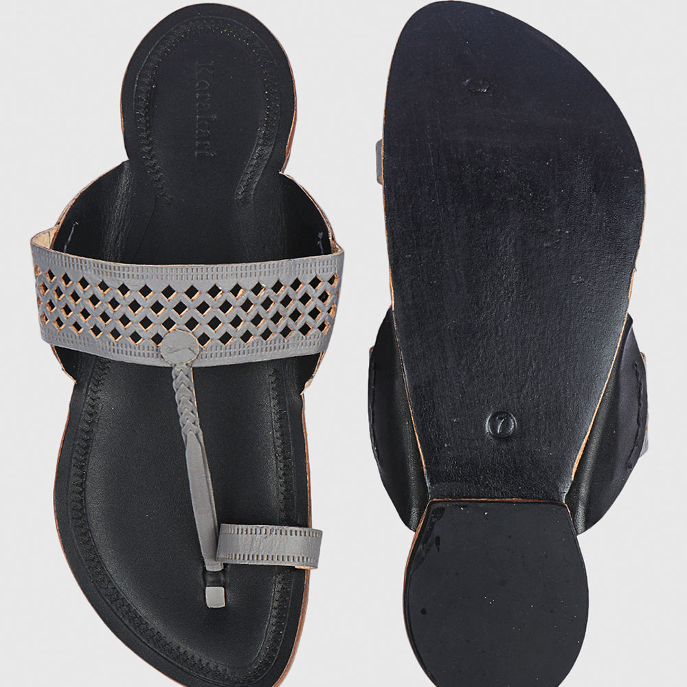 Black & Grey Handstitched Leather Kolhapuri Men Slipper