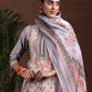 Grey Printed Poly Crepe Straight Suit With Dupatta