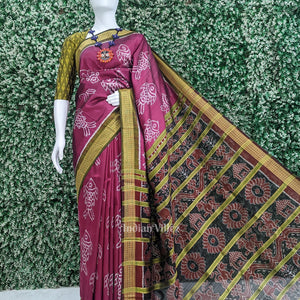 Magenta Pink Green Fish Motif Sambalpuri Odisha Ikat Contemporary Silk Saree