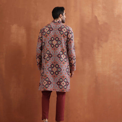 trueBrowns Men's Rust Geometric Printed Kurta