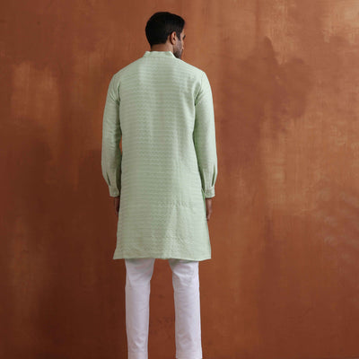 trueBrowns Men's Green Sequin Chanderi Kurta