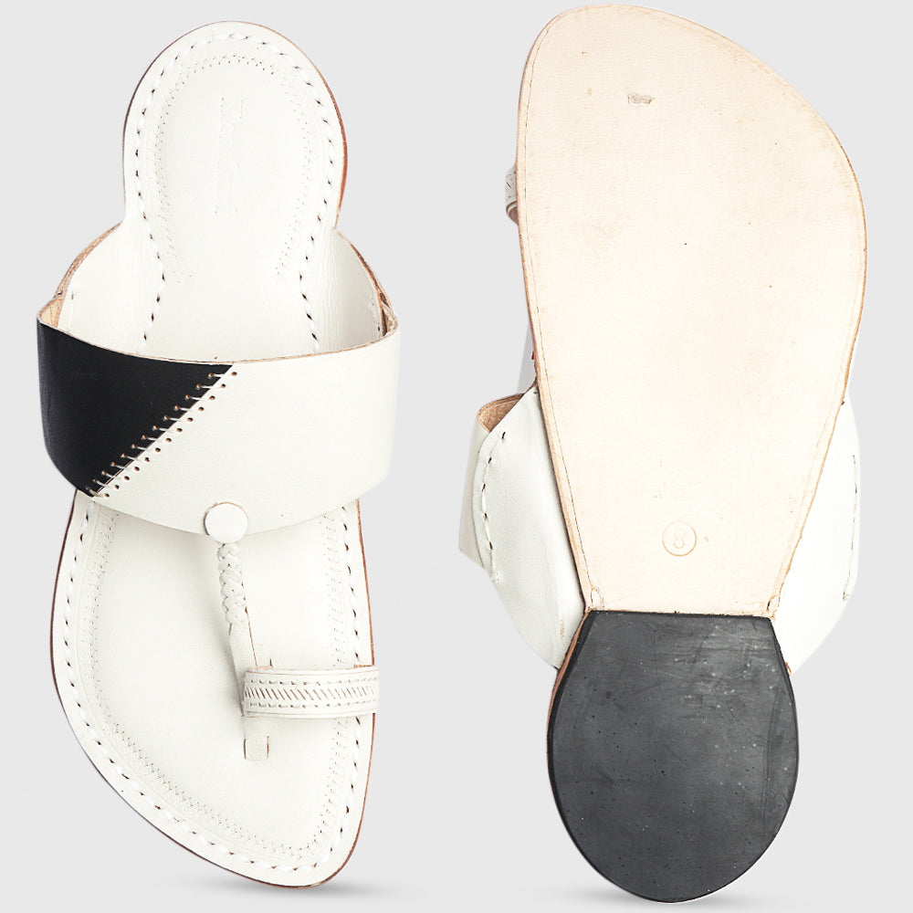 Black and White Handstitched Leather Kolhapuri Men Slipper