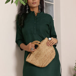 Green Solid Silk Straight Kurta
