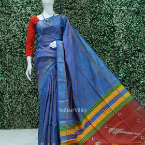 Ocean Blue Red Pure Bishnupuri Silk Saree