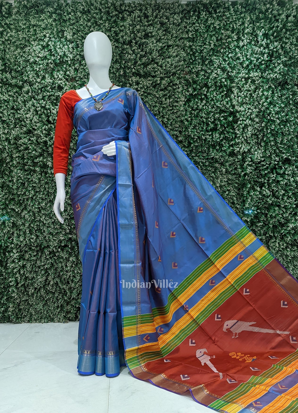 Ocean Blue Red Pure Bishnupuri Silk Saree