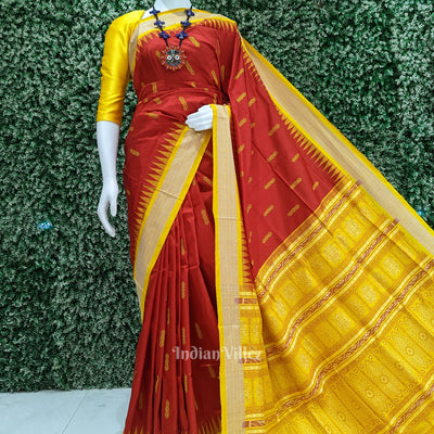Red Yellow Sambalpuri Bomkai Silk Saree