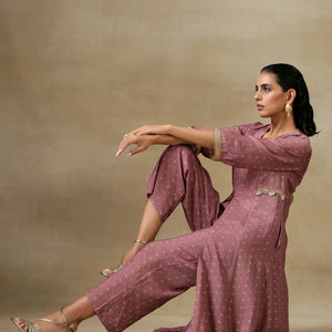 Dark Mauve Bandhani Printed Silk Front Slit Kurta Pant Set | Relove