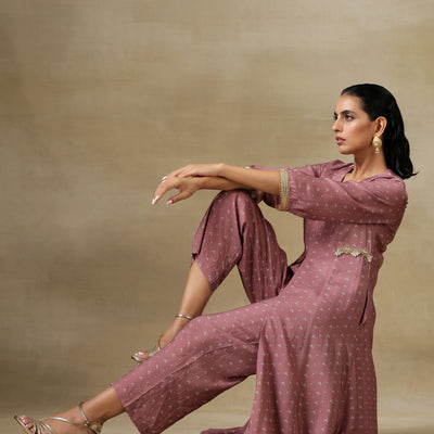 Dark Mauve Bandhani Printed Silk Front Slit Kurta Pant Set | Relove