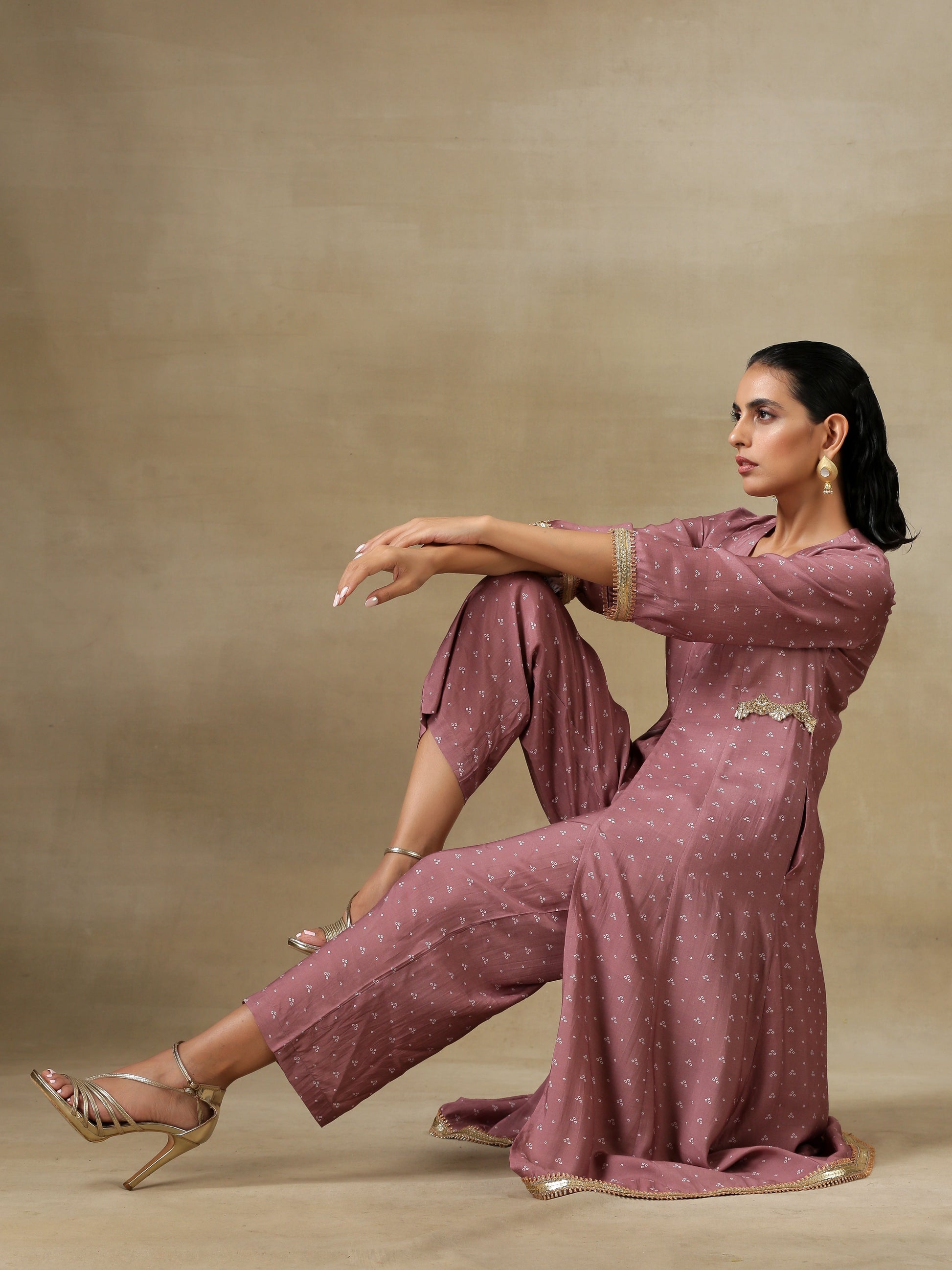 Dark Mauve Bandhani Printed Silk Front Slit Kurta Pant Set | Relove