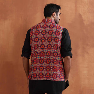 trueBrowns Men's Beige Printed Nehru Jacket