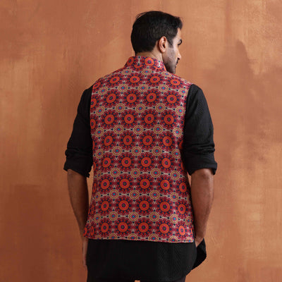 trueBrowns Men's Beige Printed Nehru Jacket