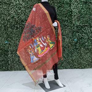 Peach Radha Krishna Rasa Theme Patachitra Chanderi Dupatta