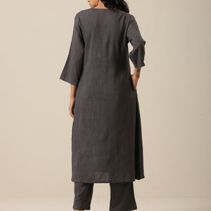 Slate Grey Slub Texture Overlap Pleat Kurta Pant Set | Relove