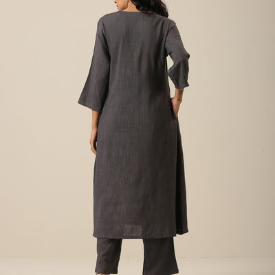 Slate Grey Slub Texture Overlap Pleat Kurta Pant Set | Relove