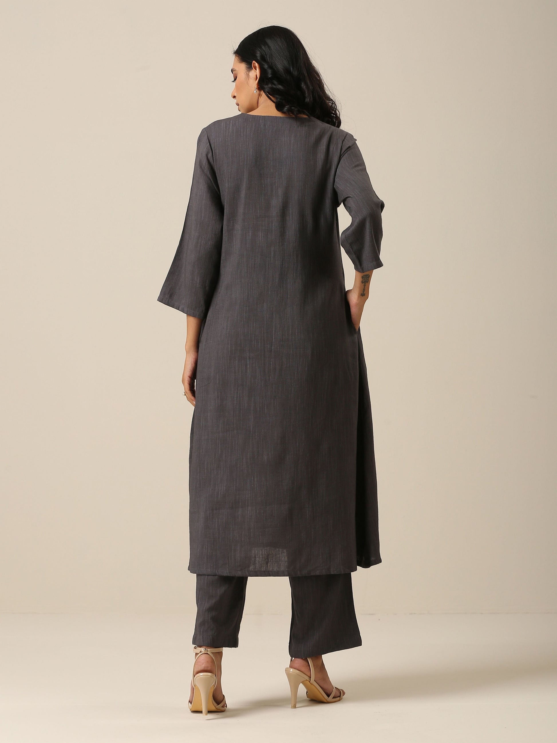 Slate Grey Slub Texture Overlap Pleat Kurta Pant Set | Relove