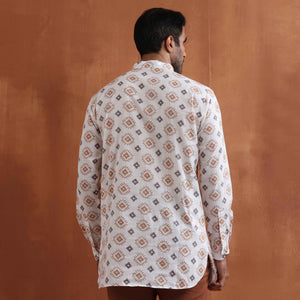 trueBrowns Men's Ivory Printed Short Kurta
