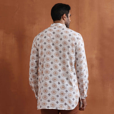 trueBrowns Men's Ivory Printed Short Kurta