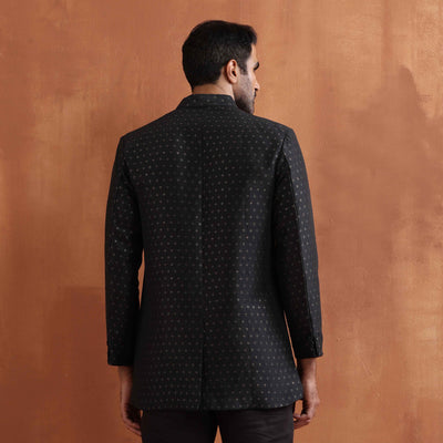 trueBrowns Men's Black Chanderi Long Jacket