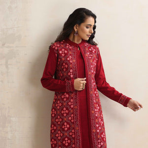 trueBrowns Maroon Kashmiri Woollen Jacket 3pc Set