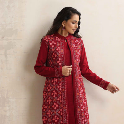 trueBrowns Maroon Kashmiri Woollen Jacket 3pc Set