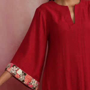 trueBrowns Red Straight Cotton Dobby Kurta Set