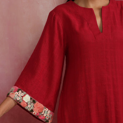 trueBrowns Red Straight Cotton Dobby Kurta Set