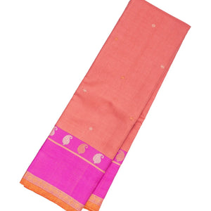 Peach Handloom Kanchipuram Korvai Silk Saree With Pink Border