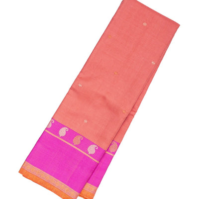 Peach Handloom Kanchipuram Korvai Silk Saree With Pink Border