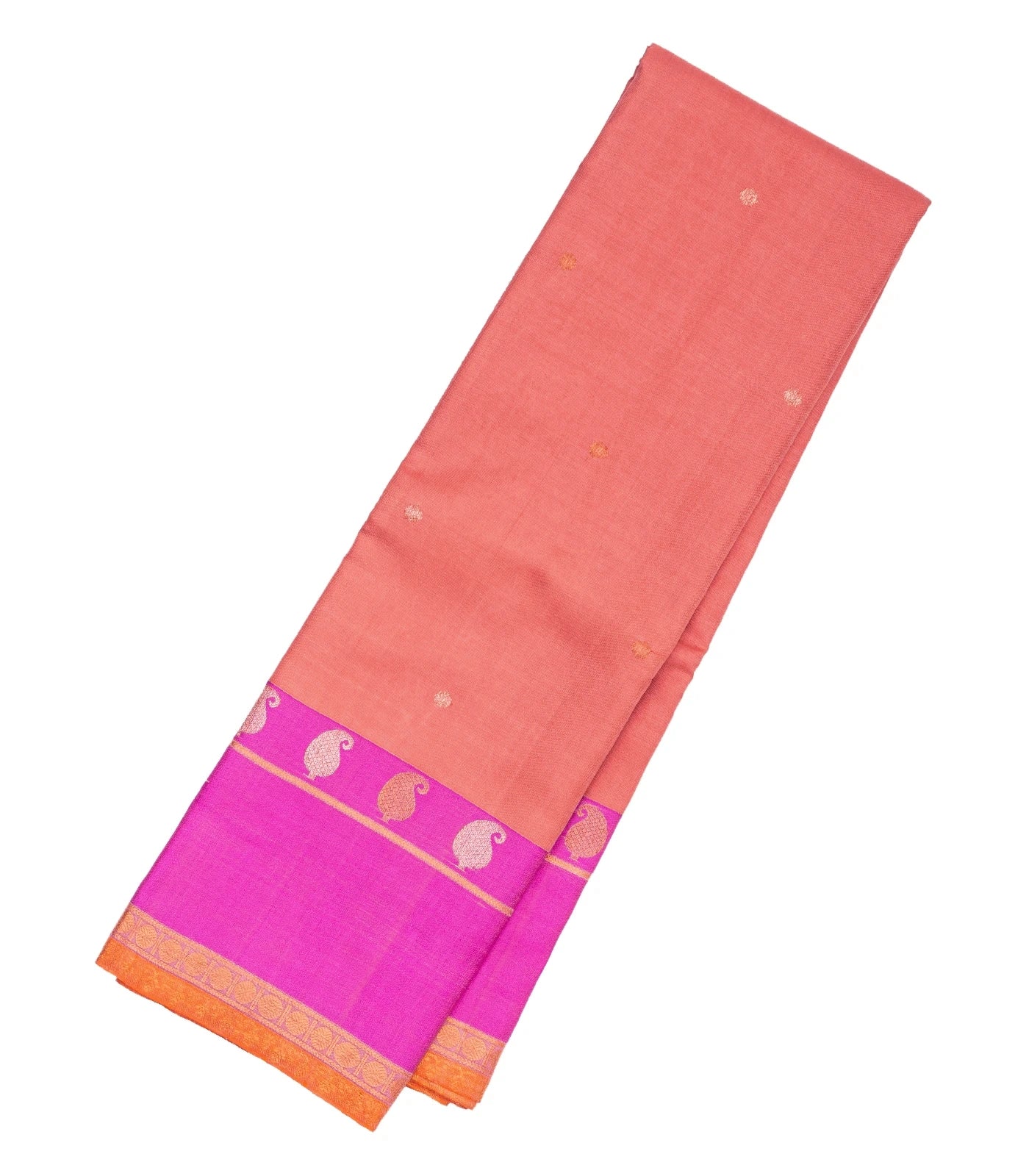 Peach Handloom Kanchipuram Korvai Silk Saree With Pink Border