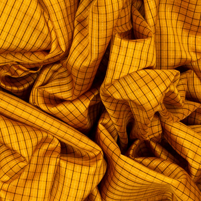 Mustard Handloom Soft Silk Saree With Checks & Contrast Border