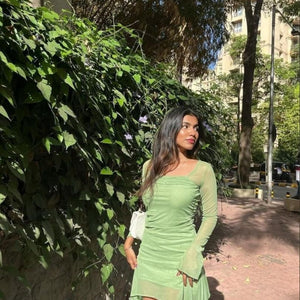 Green Square Neck Mesh Dress