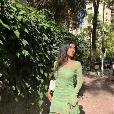 Green Square Neck Mesh Dress